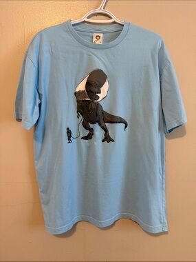 Light Blue Graphic Tee with Leaf Logo - Size L